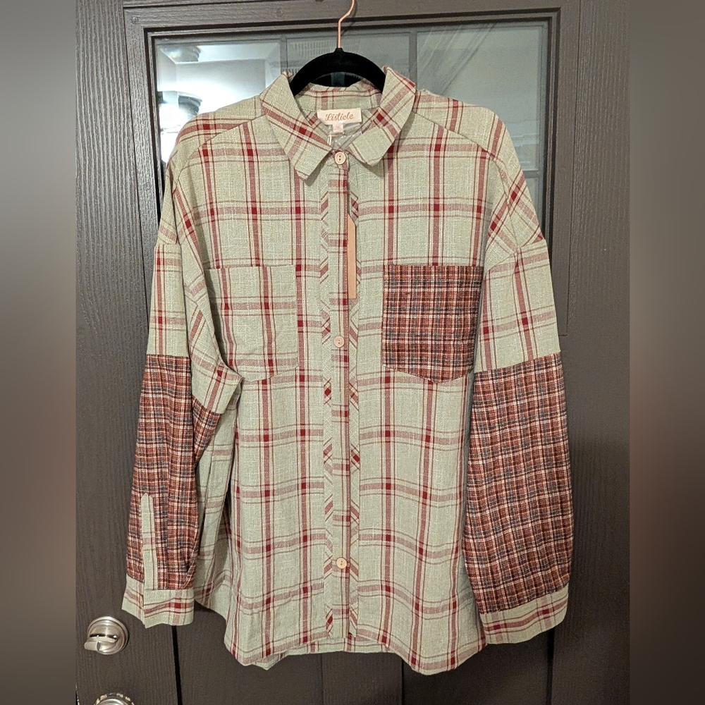 Listicle Plaid Long Sleeve Top - Red and Green